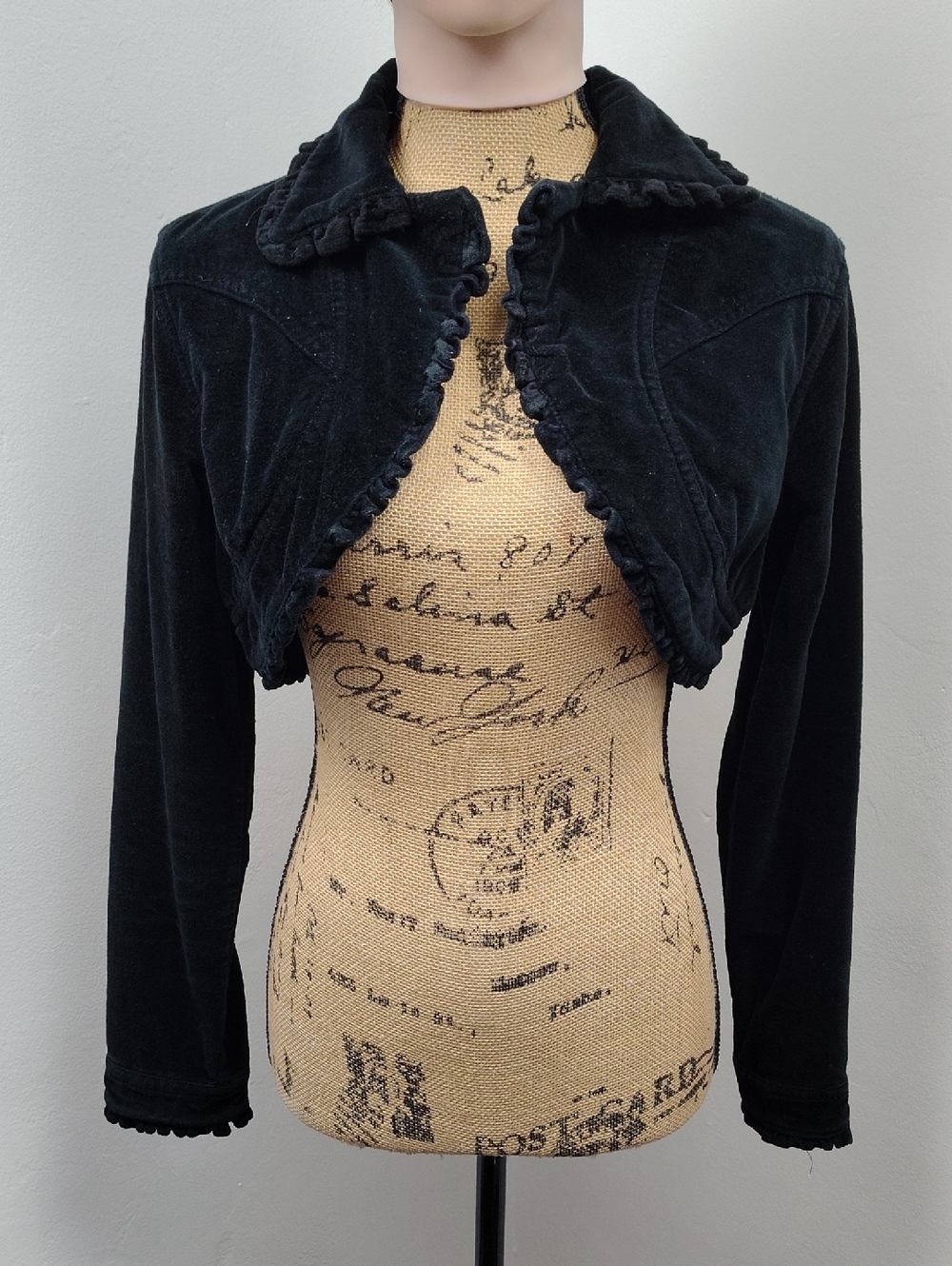 American Flirt Black Velvet Ruffle Cropped Bolero Jacket W Eyes Bottoms Medium